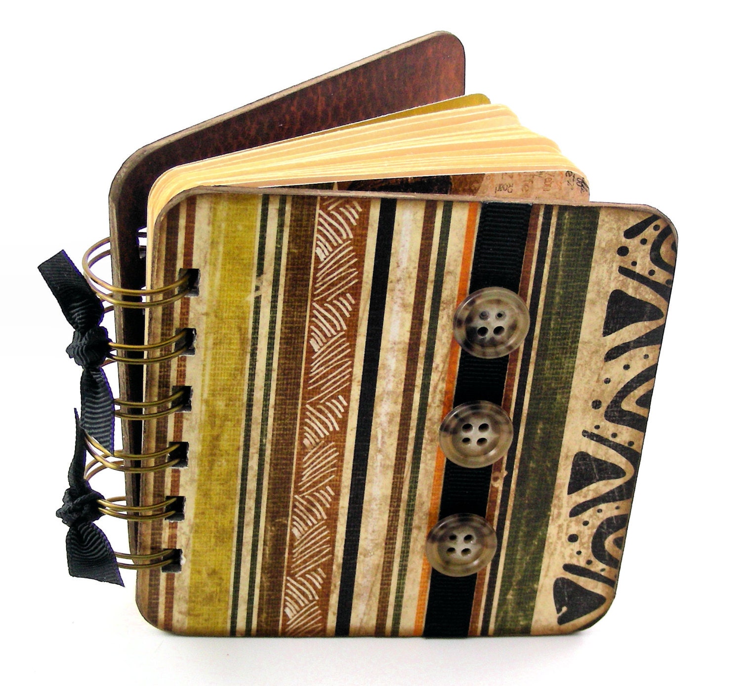 Safari Stripes Mini Blank Book, doodle - sketch - collage - write, brown - black - orange - olive