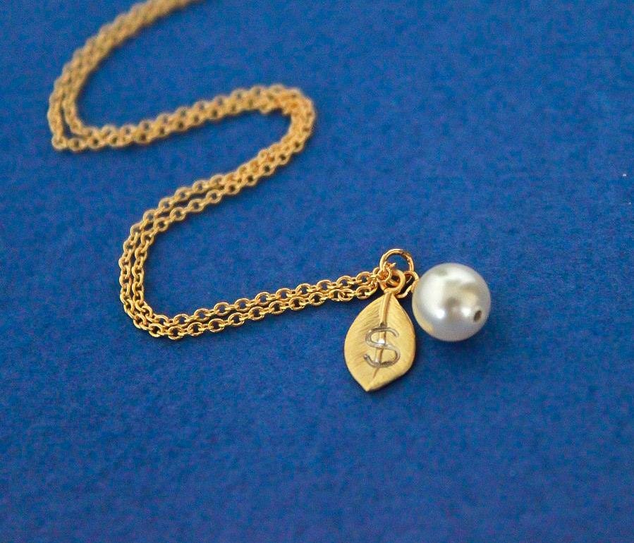 j. Personalized Necklace with Swarovski Pearl and Gold Leaf, Bridesmaid Jewelry, Monogram Necklace, Charm