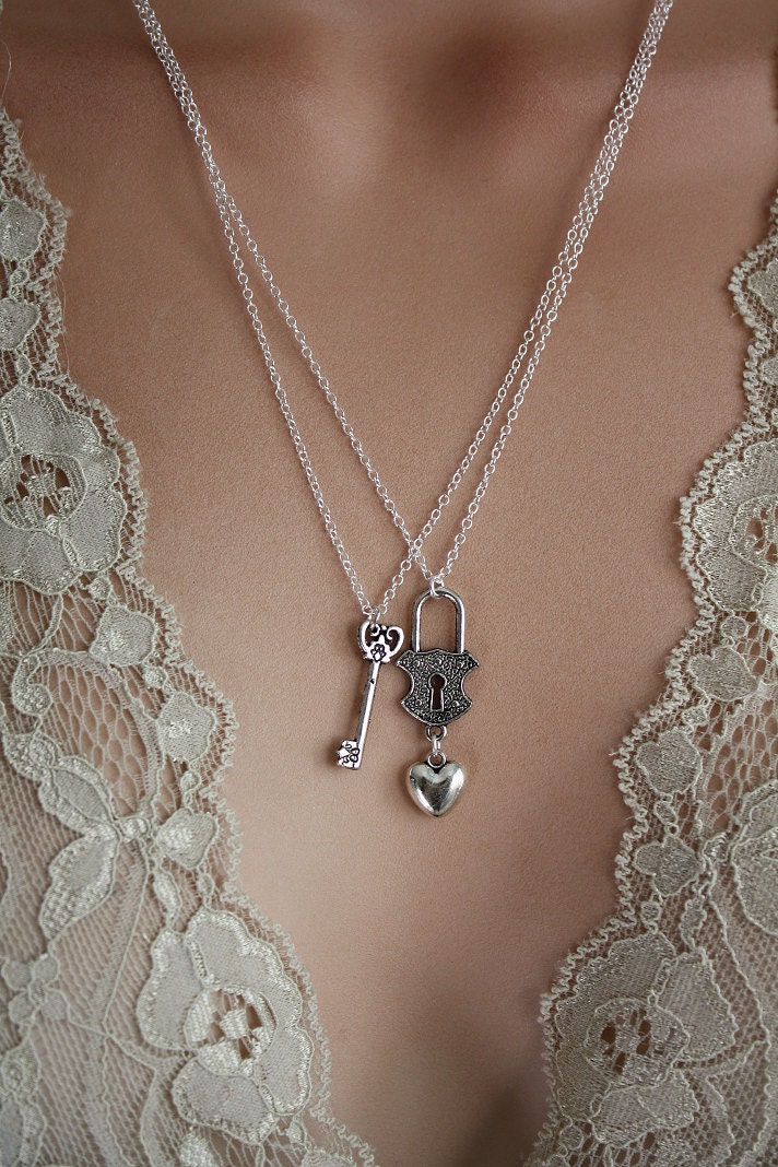 Lock and Key Necklace with tiny Heart - Best Friends Lovers -Sterling Silver Plated Chain
