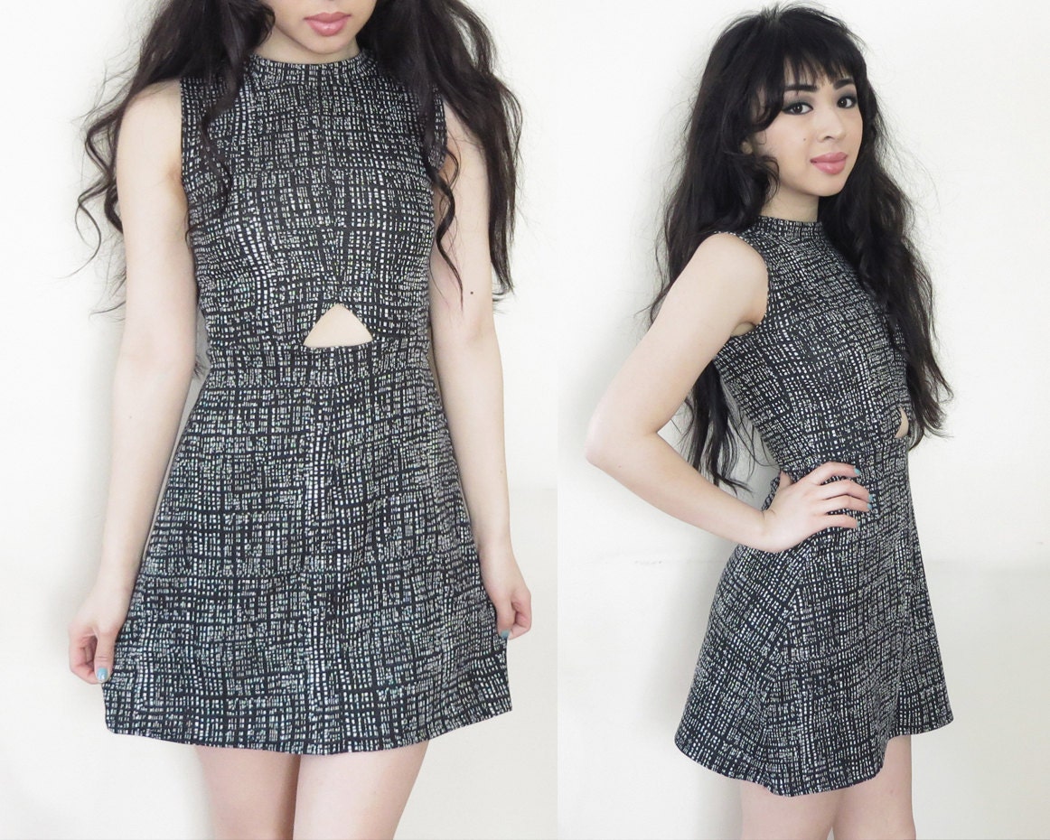 Cut Out Sleeveless Black and White Abstract Print Mini Dress Sun Dress XS S M L