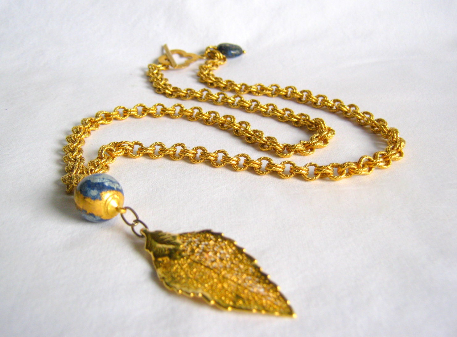genuine leaf necklace with gold dipped lapis