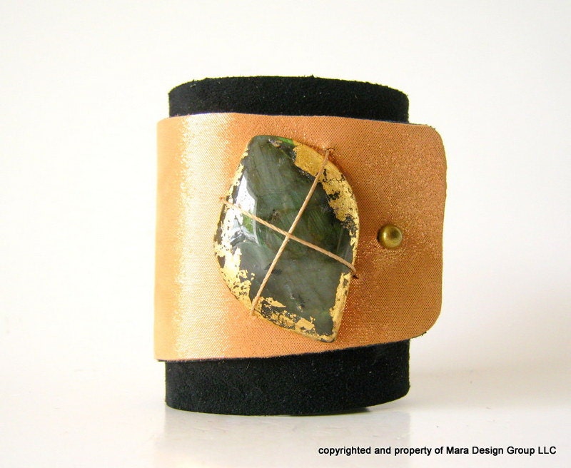 suede cuff bracelet - black suede and copper metallic leather with labradorite.