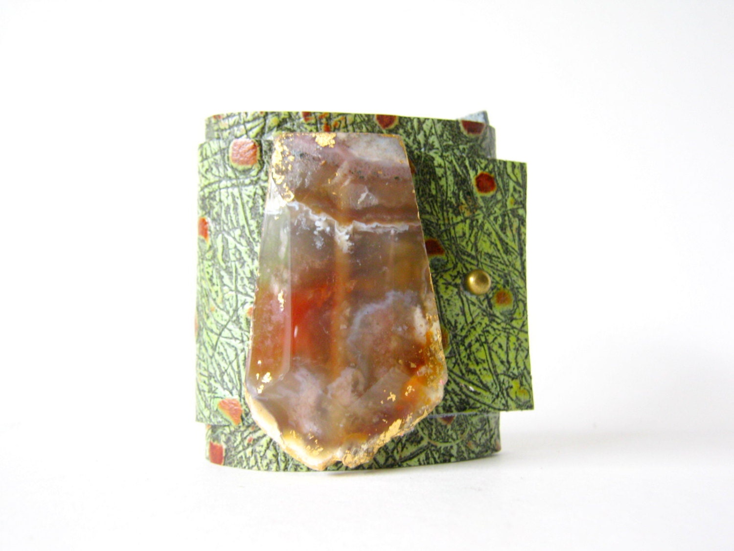 ostrich print leather cuff bracelet with caramel agate