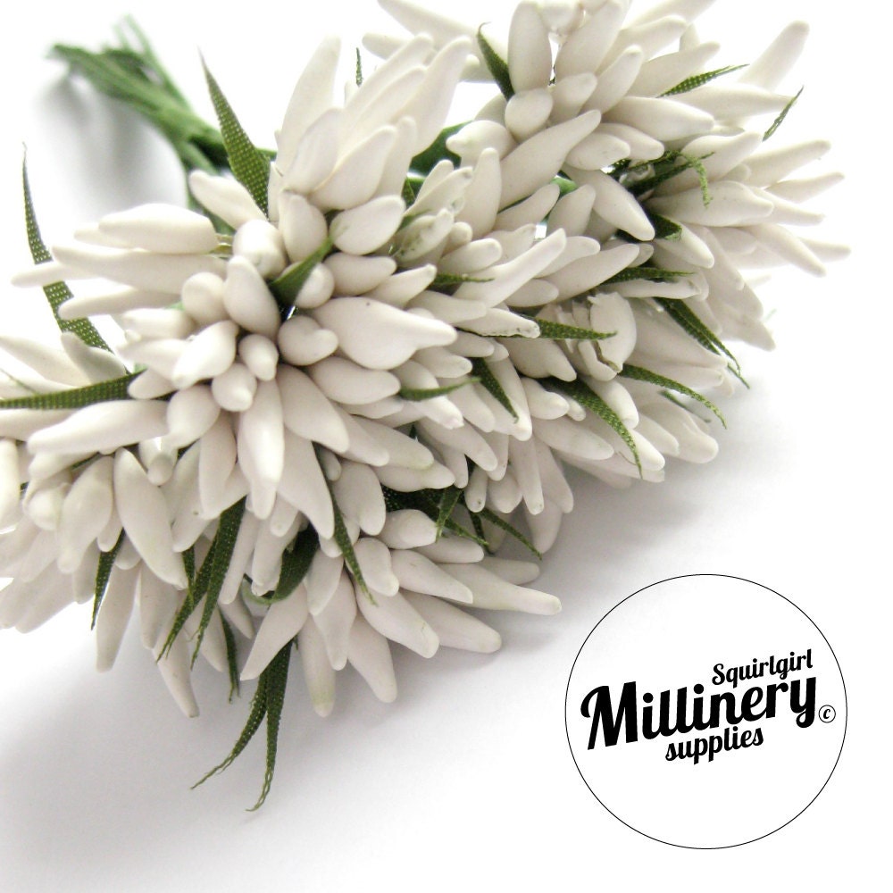 White Spikey Bud Flower Picks / Stamens for Millinery & Flower Making Bunch of 12