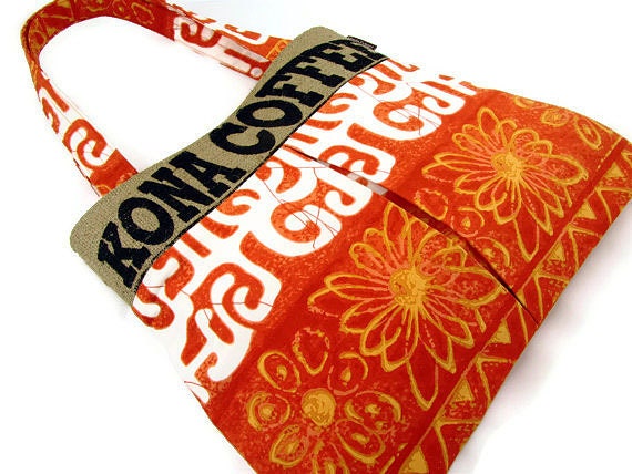 Burlap and Alfred Shaheen Orange Pleated Hobo Handbag for Her. Repurposed Kona USA Coffee Bag. Handmade in Hawaii.