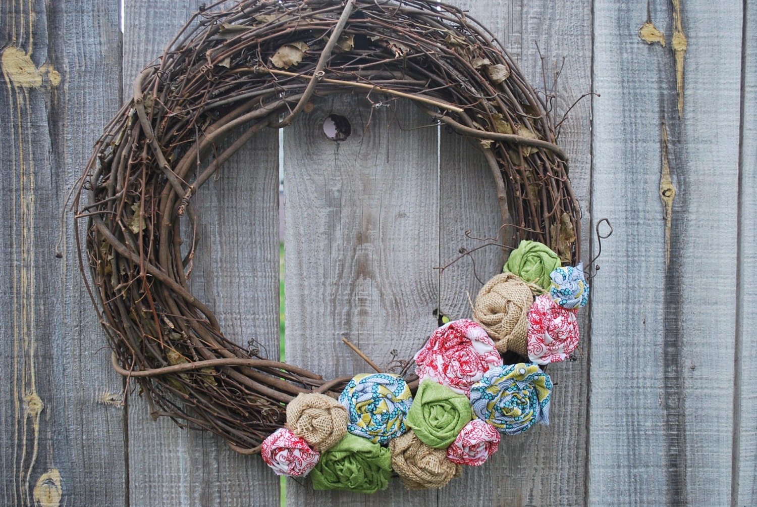 Wreath with Rosettes, Red, lemon yellow, spring green and burlap