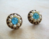 Vintage Gold, Pearl and Aqua Rhinestone Earrings