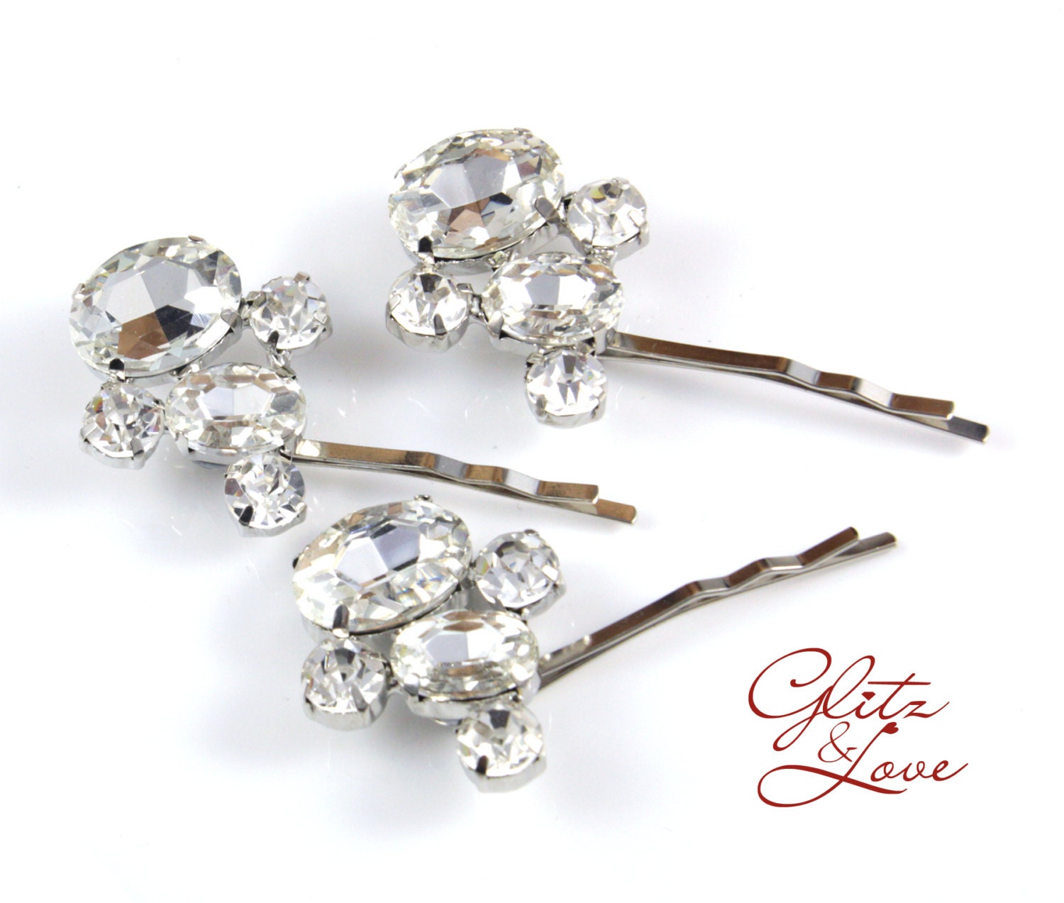 Set of 3 (three) - Dream - Wedding Hair Pins, Bridal Accessories, Silver, Crystal, Vintage Style