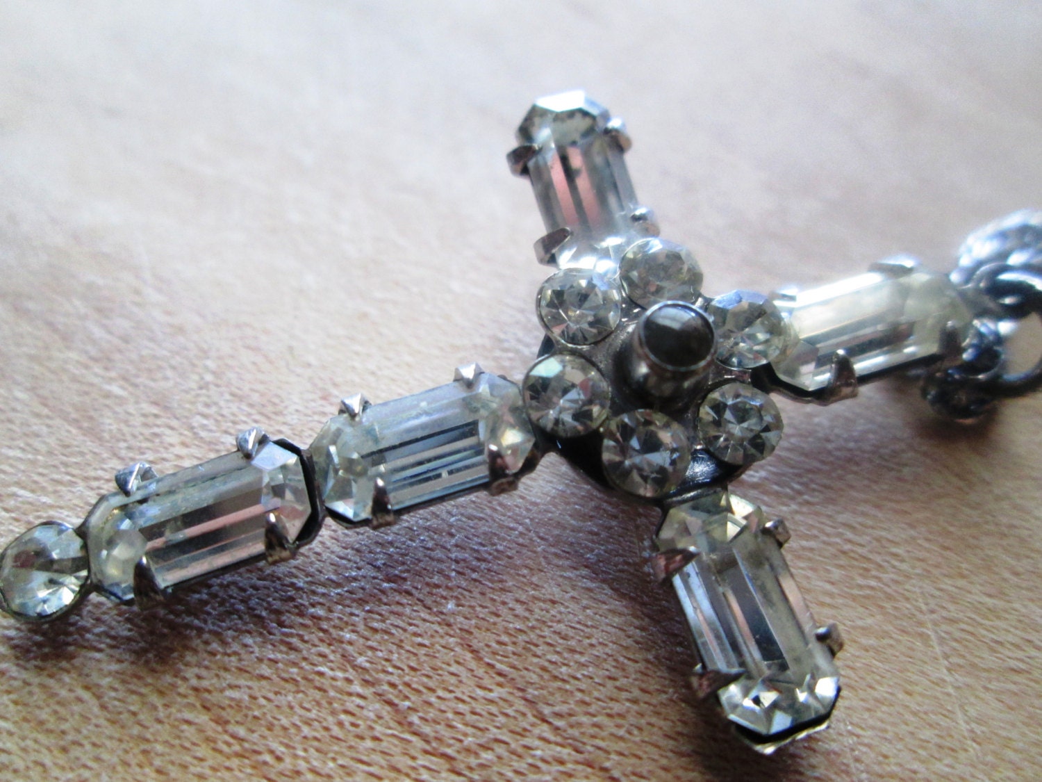 Vintage Crystal Cross Necklace, silver and crystal baguettes