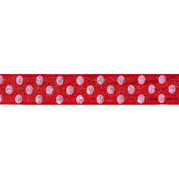 Red with Pink Glitter Polka Dots Printed Elastic for Baby Headbands, Elastic By The Yard - 5 Yards