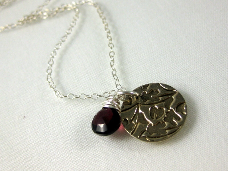 Garnet Charm Necklace in Nickel Silver, January Birthstone, Valentines Day Jewelry