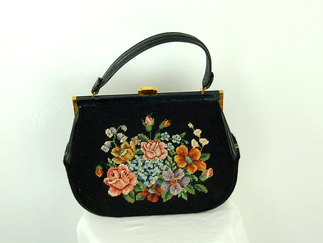 1940s needlepoint handbag, Large needlepoint purse, wool tweed, floral needlepoint bag, Eric Handbags New york