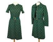 1960s dress and jacket, emerald green dress, green orange white, cropped jacket, matching dress and jacket, Size M