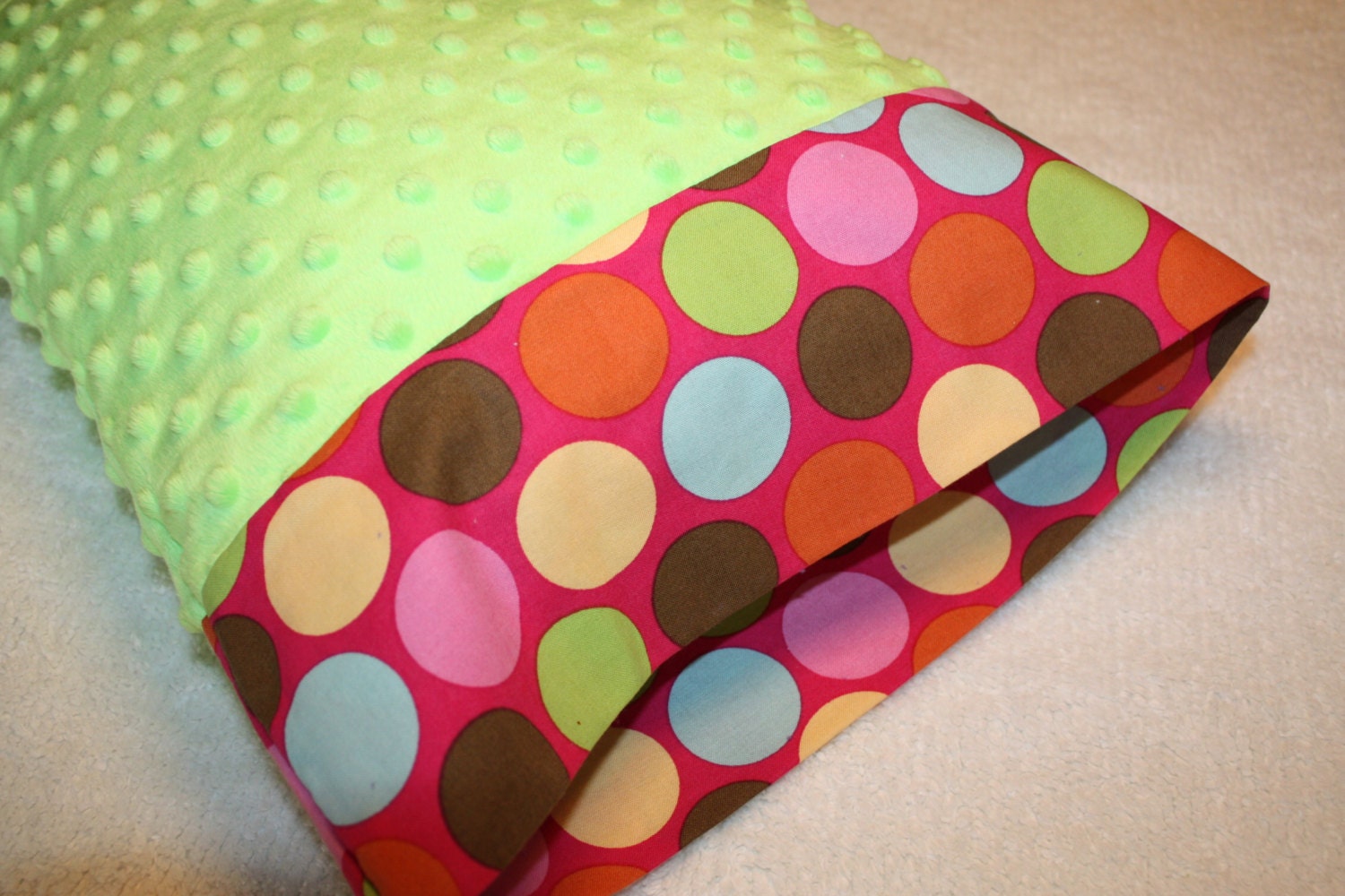 Small Minky Toddler Pillowcase for 12x16 Pillow- Dots and Lime Green Minky Dot- Toddler Pillowcase
