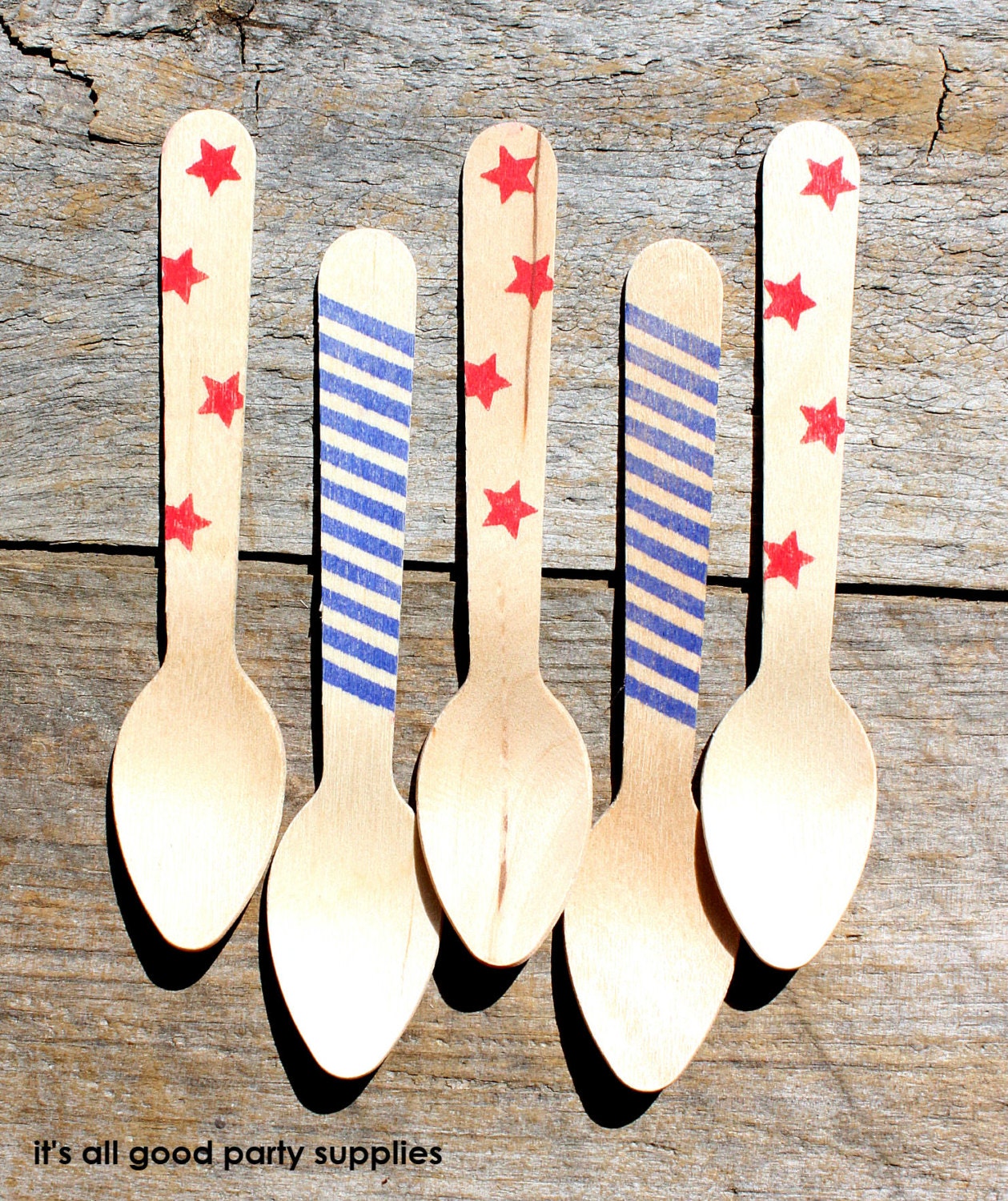 Patriotic Small Wooden Spoons with Stars and Stripes - Eco-friendly Small Ice Cream or Cupcake Spoons (set of 36)