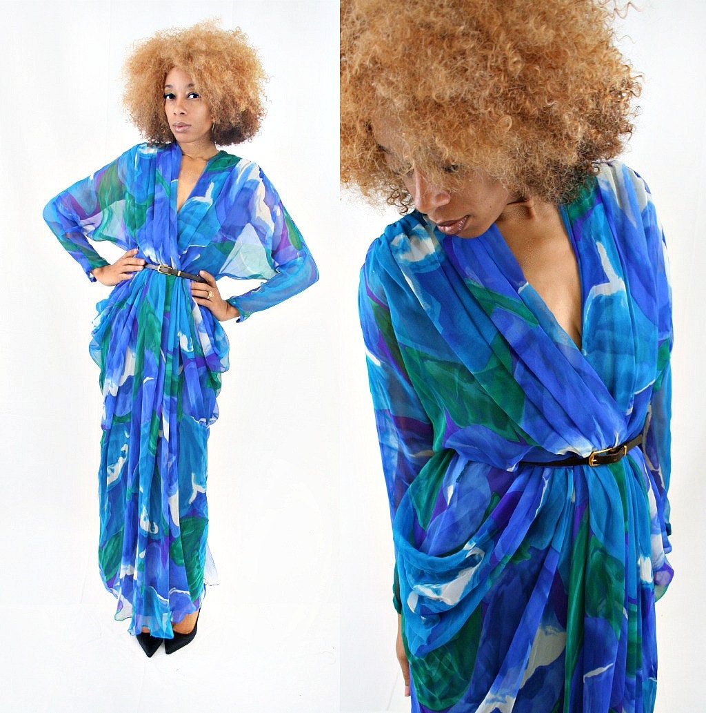 vintage 70s WATERCOLOR pleated grecian deep v neck LILLIE RUBIN gown size S M