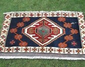 Patterned Red/Blue Traditional soft wool rug/kilim. 4 x 2 ft. Handwoven.