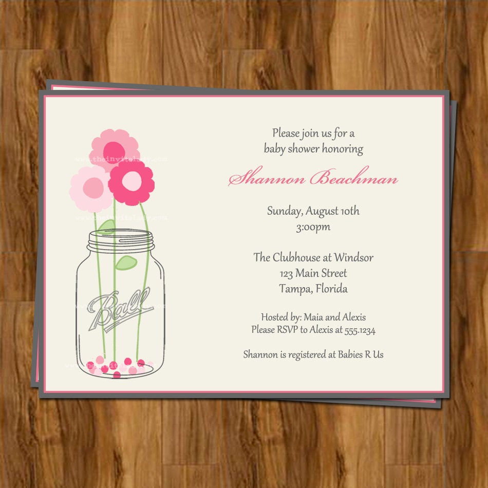 Mason Jar Baby Shower Invitations in Pink, Set of 10 Invites and envelopes, FREE Shipping