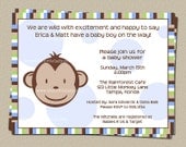 Monkey Baby Shower Invitations, Sock Monkey Theme, Set of 10 Printed Invites and Envelopes, FREE Shipping