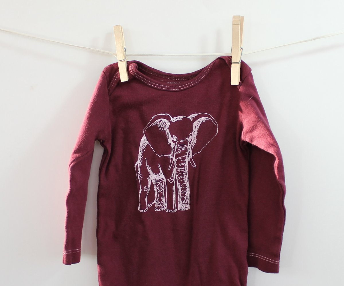Elephant Onesie, READY TO SHIP, Long Sleeved Baby Bodysuit, Burgundy, Maroon, Cranberry, Zoo, Animal, Circus, baby shower gift