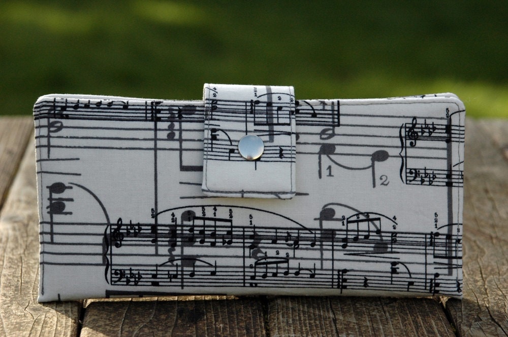 Wallet clutch handmade vegan black and white music notes sheet music