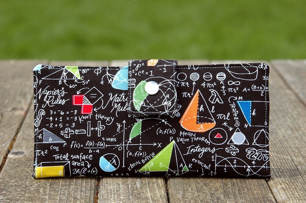 Handmade clutch wallet math in black and multi color all vegan materials