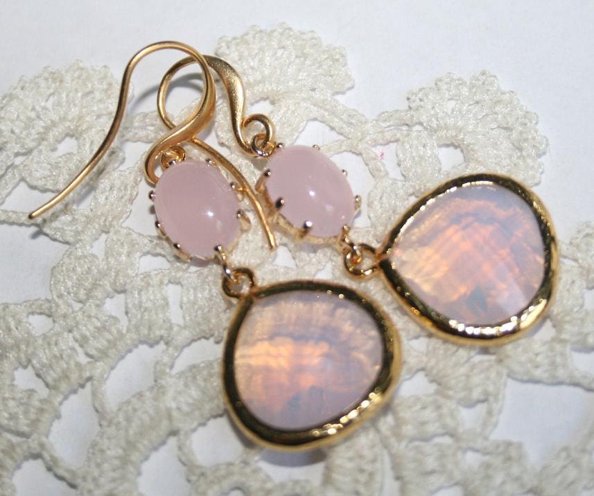 Pink Opal Teardrop Earrings, Soft Rose Pink dangle Weddding Earrings, Wedding Jewelry, Double Drop Feminine Gold Earrings, Every Day Wear