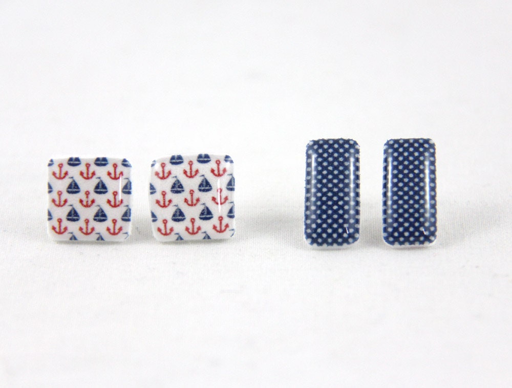 Red Blue Nautical - Post Earrings - Hypoallergenic Surgical Steel