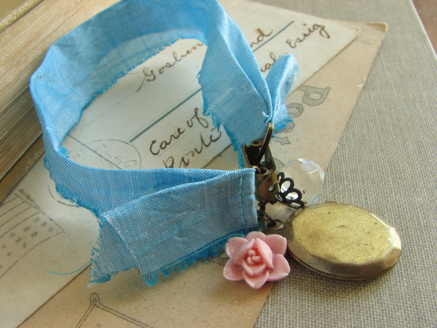 Romantic Blue Ribbon Charm Bracelet -shabby chic assemblage locket bracelet-