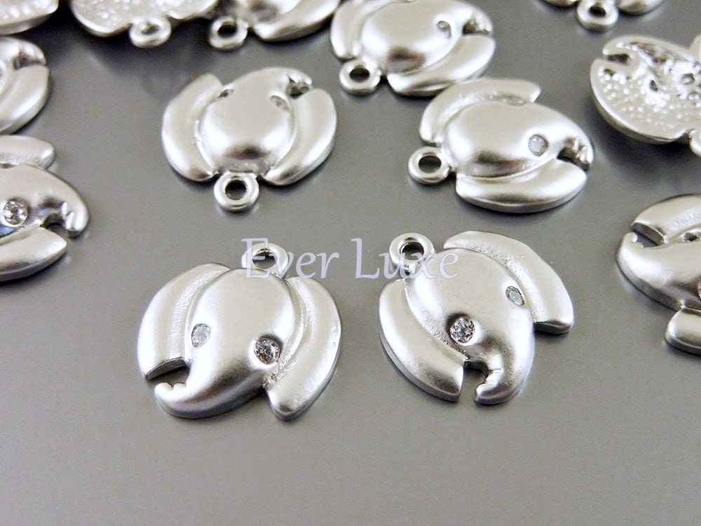 1676-MR (2 pcs) Matte rhodium plated small elephant face with clear CZ Cubic Zirconia bling charms
