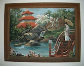 Japanese Geisha and Pagoda Mid Century Vintage Paint by Number PBN Painting