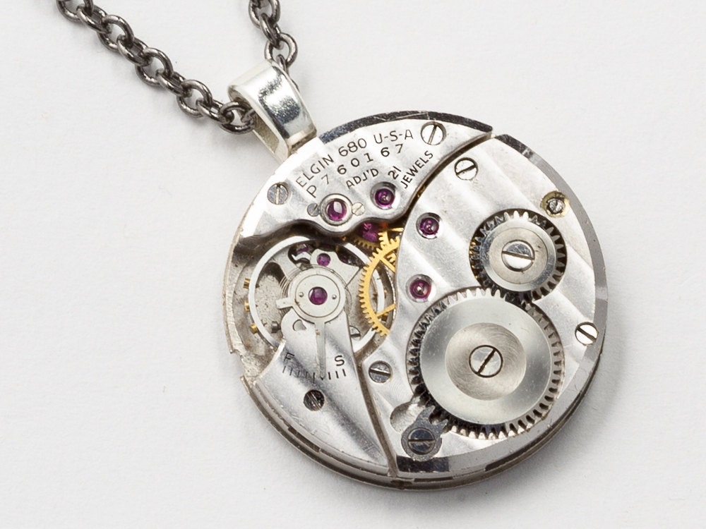 Steampunk Necklace vintage Elgin watch movement gears ruby jewels silver mens womens unisex pendant Steampunk Jewelry Steampunk Nation 1999