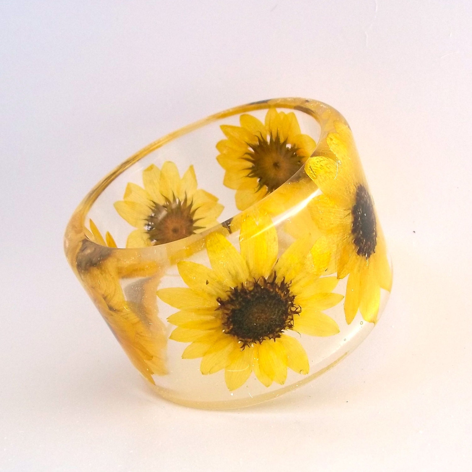 Sunflower Botanical Resin Bangle.  Chunky Bangle with Pressed Flowers.  Real Flowers -Yellow Sunflowers