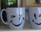 Smiley Face Mugs Crazy Eyes Blue Mugs High Kiln Fired Original SYMBOLEYES 6 Lot Retro Style Handmade original c.1987