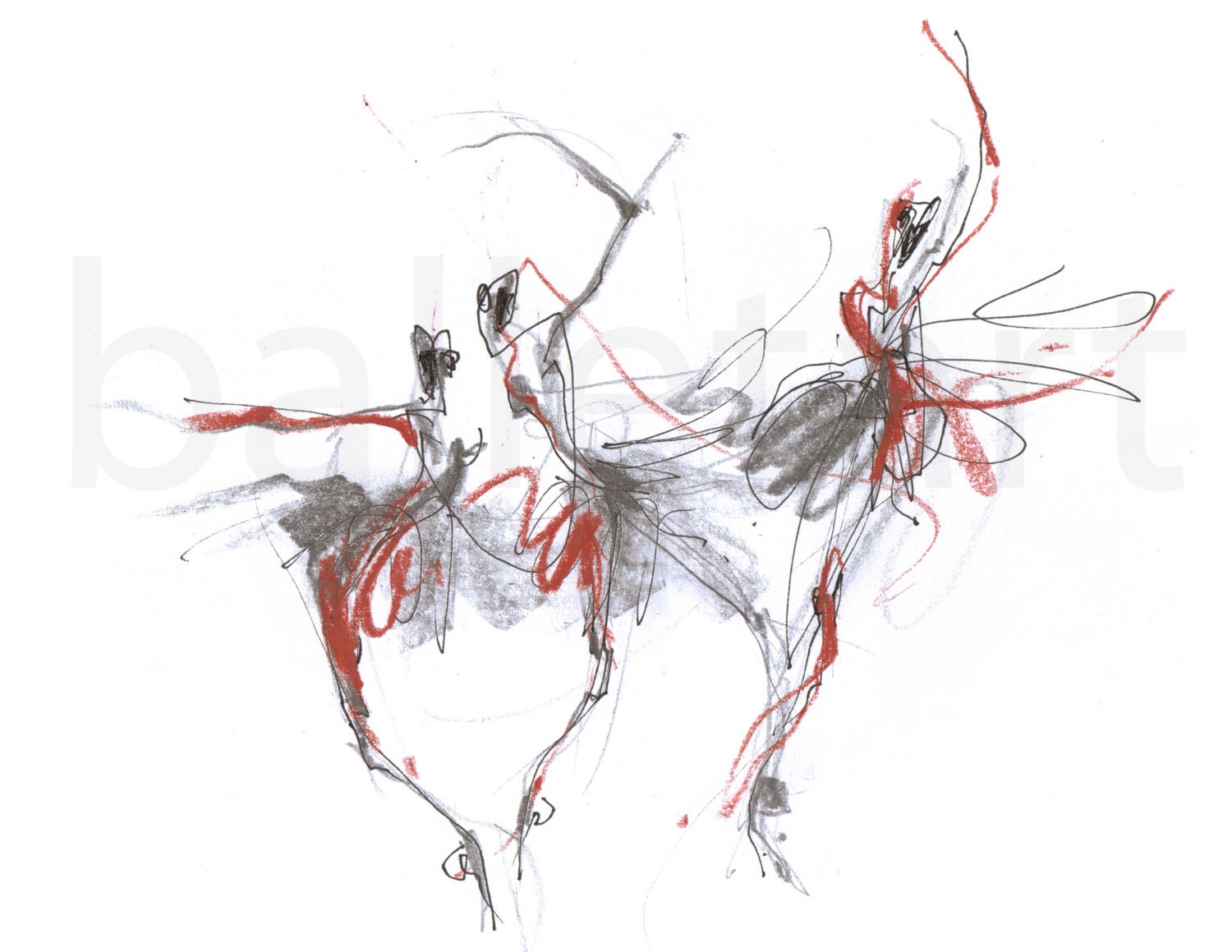 balancing art - original drawing of ballet dancers in pencil, pastel on paper