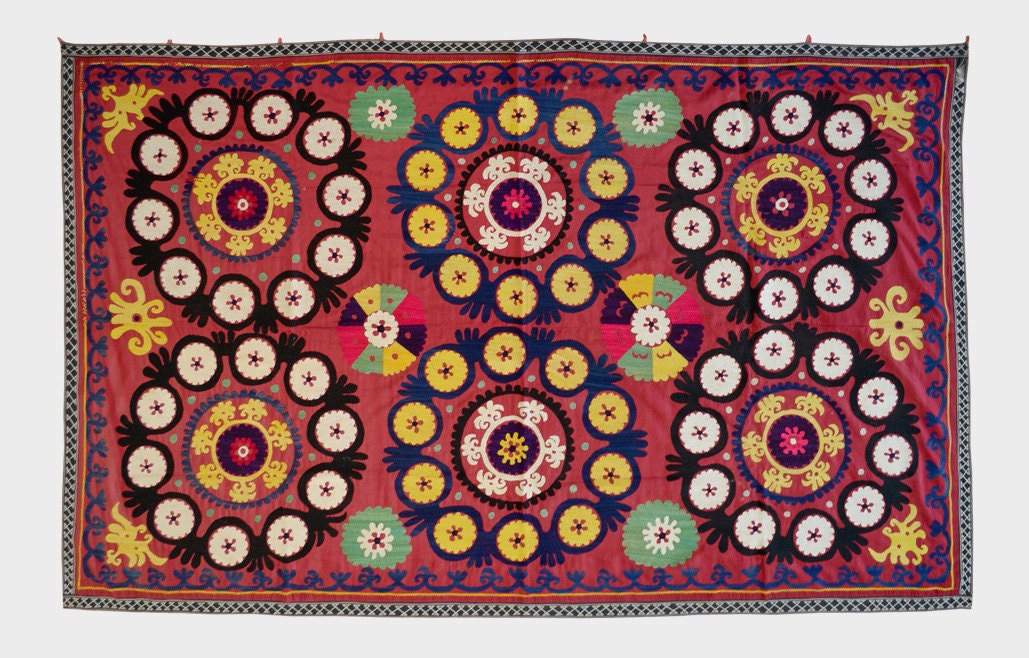Beautiful wall hanging Antique Suzani from Uzbekistan - fully handmade silk embroidery.