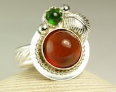 14k Gold Sterling Silver Cherry Ring, Natural Red Hessonite Garnet, Chrome Diopside, made to order