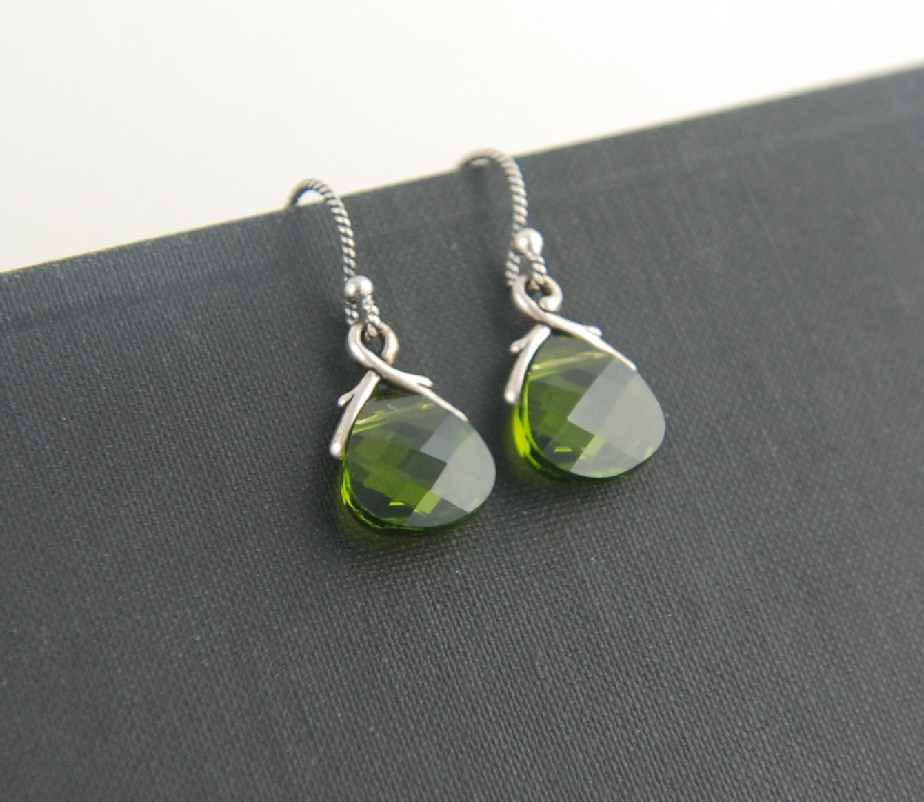 Swarovski olive green crystal earrings in sterling silver, crystal briolettes, vine earrings, austrian crystal, teardrop earrings