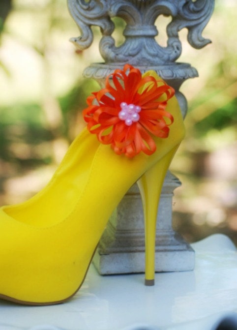 Shoe Clips Flower Orange / Purple / Ivory / White / Yellow / Blue Beads - Pearls - Rhinestone. Bridal Bride Bridesmaid, Bright Satin Ribbon