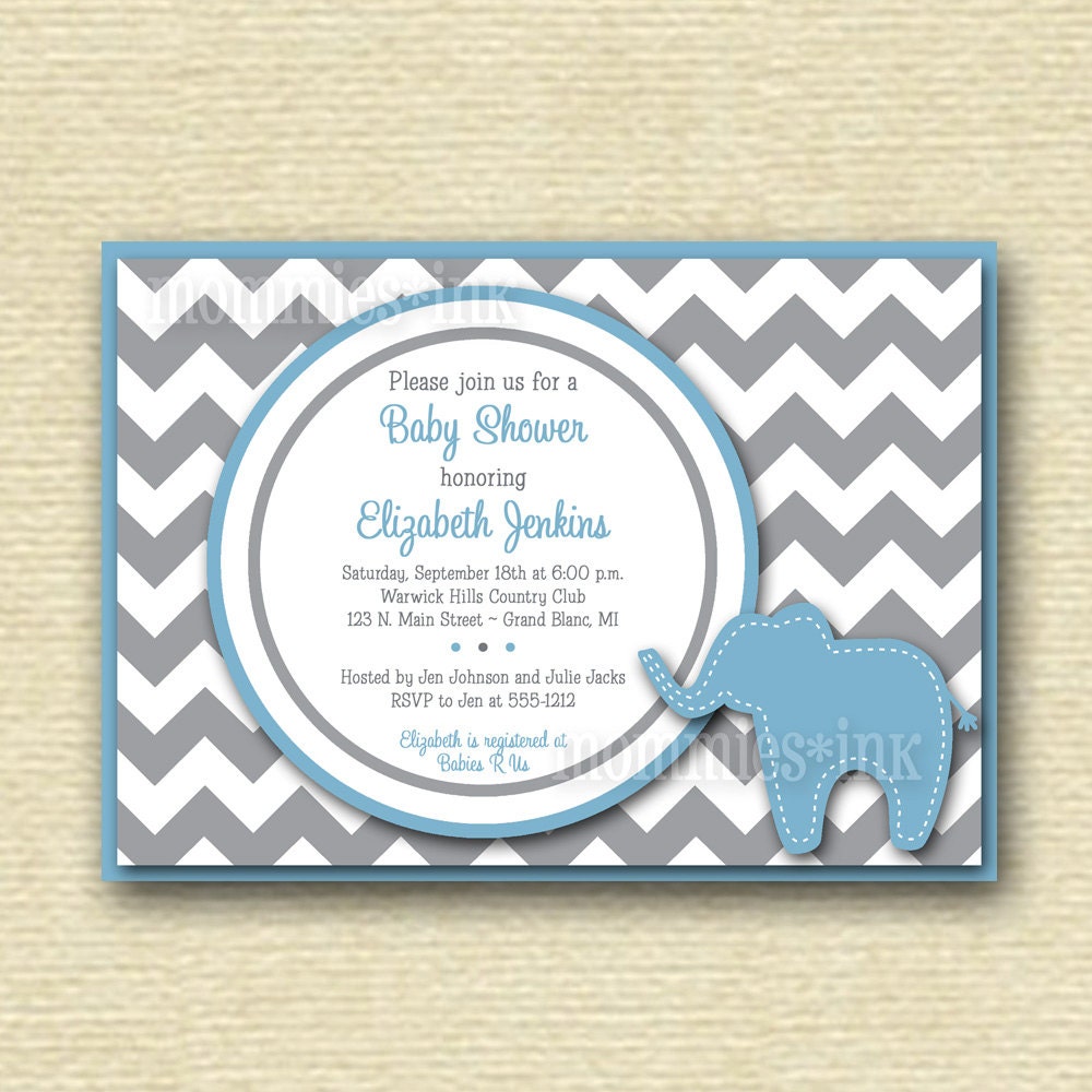 Preppy Chevron Elephant Baby Shower Invitation - Gray and Light Blue - PRINTABLE INVITATION DESIGN