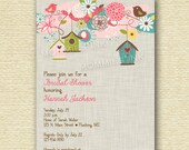 Shabby Chic Pink Birdhouses and Flowers Bridal Shower Invitation -Linen Background - PRINTABLE INVITATION DESIGN Il_170x135
