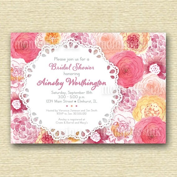 Vintage Lace Doily and Watercolor Flowers Bridal Shower Invite - PRINTABLE INVITATION DESIGN Il_570xn