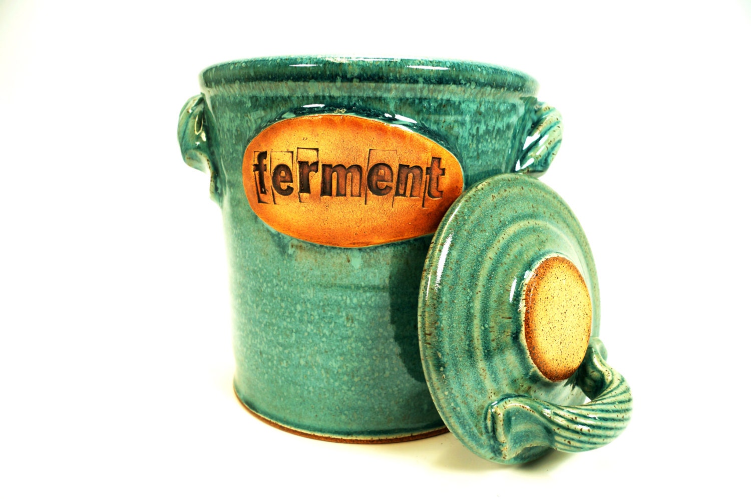fermentation & pickling crock . ceramic pottery jar  for sauerkraut or kimchi in teal blue