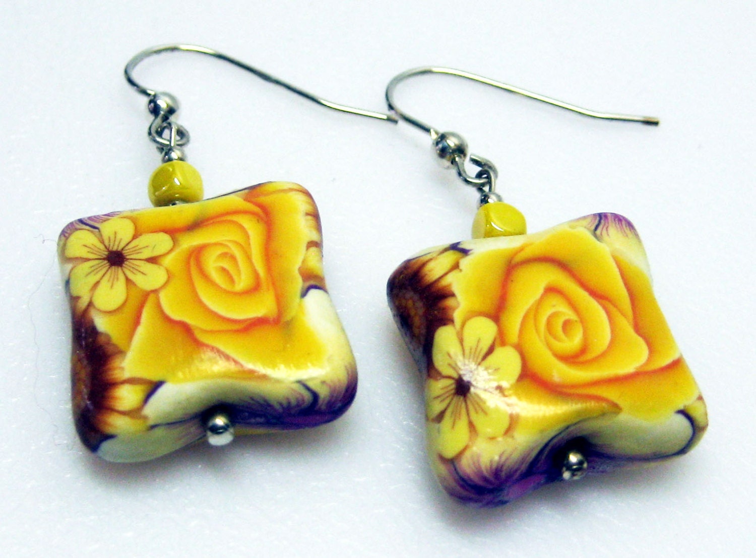 Polymer Clay Earrings - Yellow Earrings - Yellow Rose Earrings - Floral Earrings - Dangle