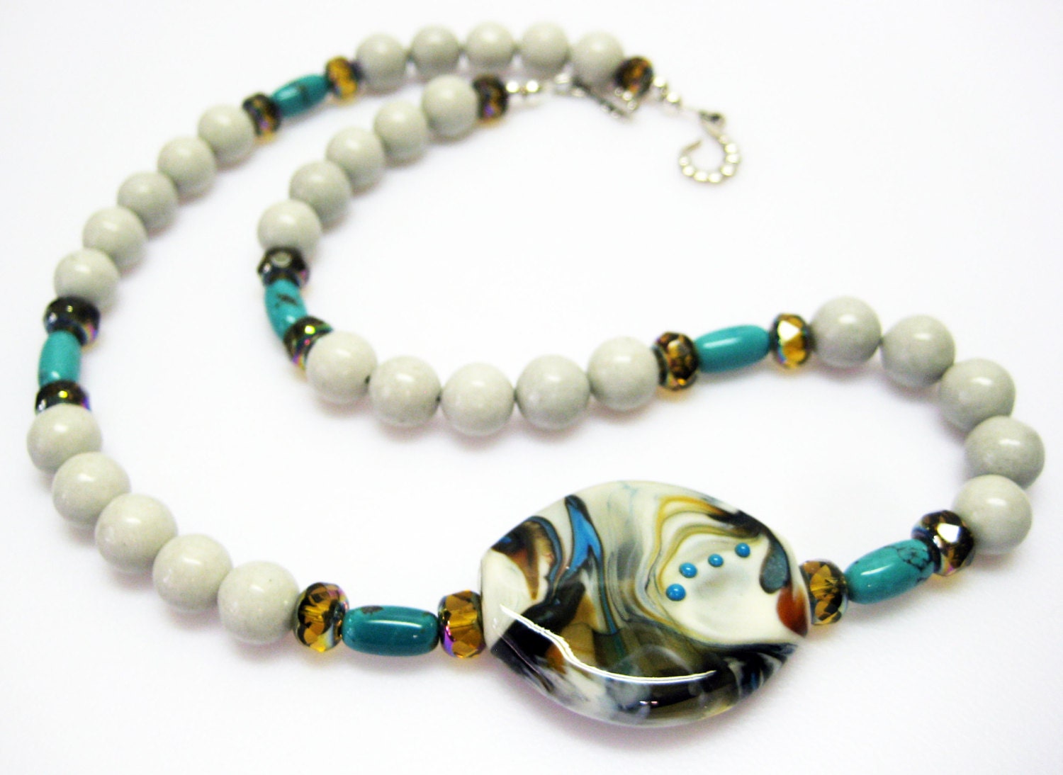 Gray Turquoise Swirl Lampwork Pendant Necklace - Gray Gemstone Necklace - Lampwork Necklace - OOAK