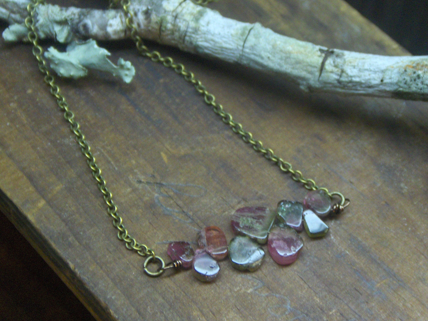 BANTAM WATERMELON . Tiny Watermelon (pink and green) tourmaline rustic necklace