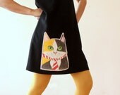 Women Mini Black Dress with handpainted Cat applique, size S/M, party dress / cotton jersey
