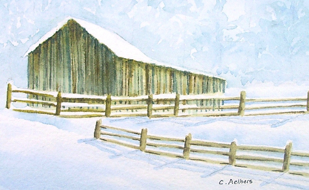 Original Art For Sale - Barn in the Snow 4 x 6, Landscape Painting For Sale