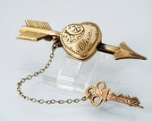 Edwardian Gold Heart Locket Brooch with Key / 10KT Gold Fill / Heart & Arrow
