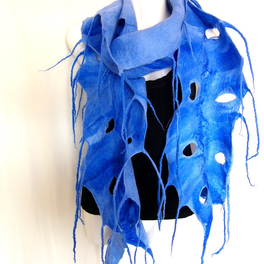 Felted Scarf, Ruffled Wavy, Sky Blue, With Holes And Tassels Fringe, Merino Wool Felt Scarf, Gift Under 80